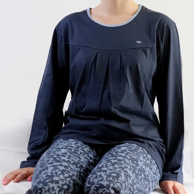 Medaillon Dames Pyjama - Lange Mouw - Plooien - Donker Blauw - Maat M