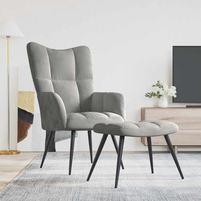 vidaXL - Relaxstoel - met - voetenbank - fluweel - lichtgrijs