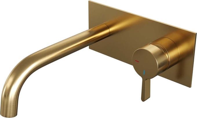 Brauer Gold Edition inbouw wastafelmengkraan met gebogen uitloop en afdekplaat model E1 goud geborsteld PVD