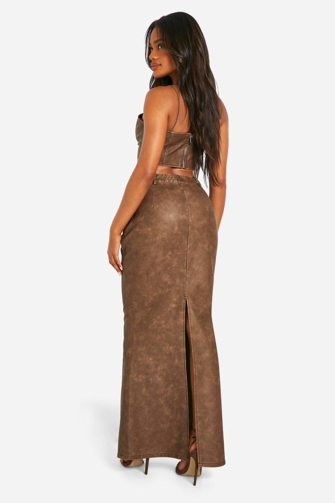 boohoo Dames Gewassen imitatieleer maxi-rok | Chocoladebruin | Maat: 34