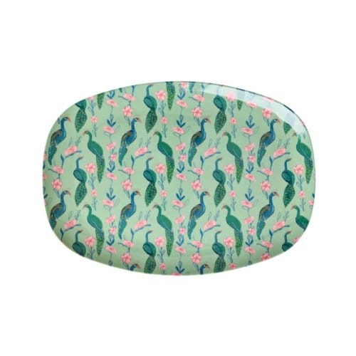 Rice melamine bord, rechthoekig, groen met peacock power print