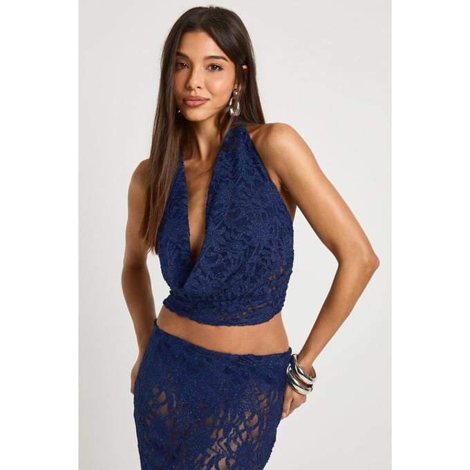 boohoo Dames Glitter Kant Cowl Hals Top | Navy | Maat: 14