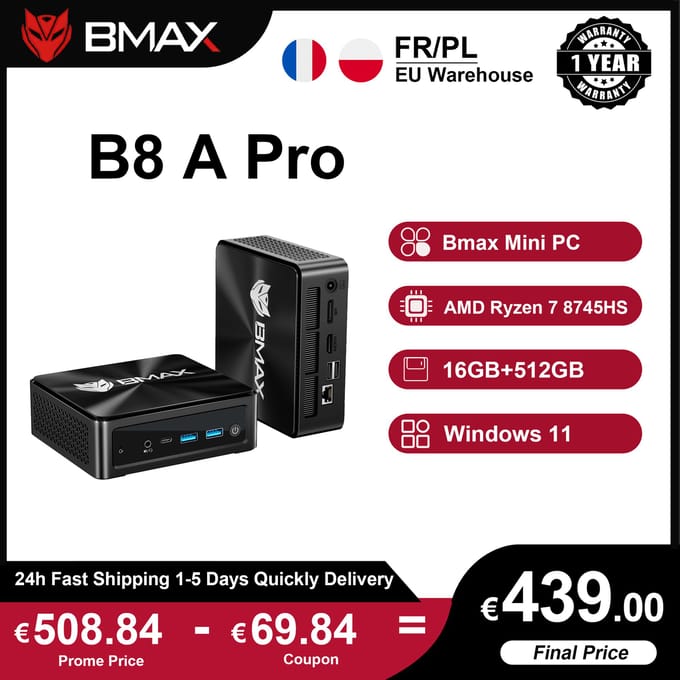 BMAX B8 A Pro Mini PC, AMD Ryzen 7 8745HS, 16 GB DDR5, 512 GB NVMe SSD, Windows 11, WiFi 6, BT5.2, ondersteunt 4K@60Hz, AMD Radeon 780M, compacte desktopcomputer voor thuisgebruik en op kantoor.