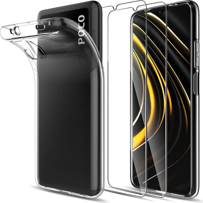 Silicone hoesje transparant met 2 Pack Tempered glas Screen Protector Geschikt voor: Xiaomi Poco M3