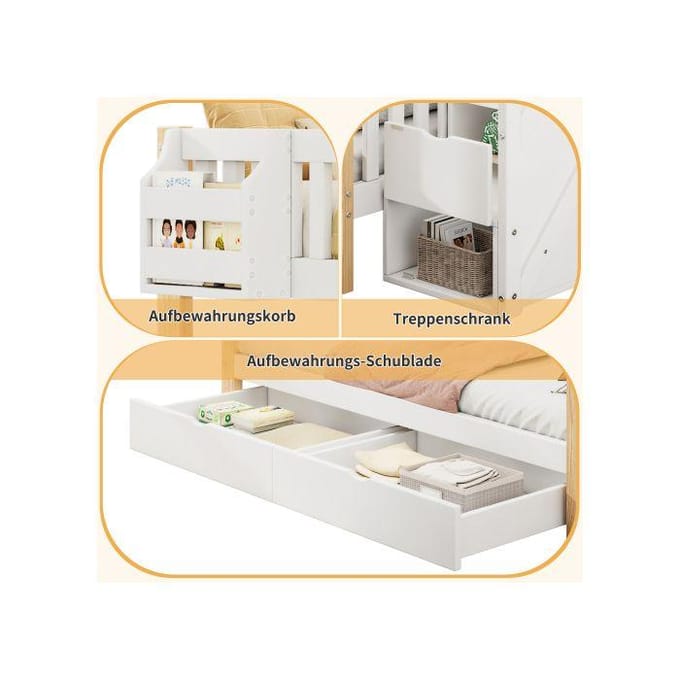 Lit d'enfant multifonctionnel - MUVOE - Blanc + couleur naturelle - 2 places - Avec tiroirs - Design évolutif blanc