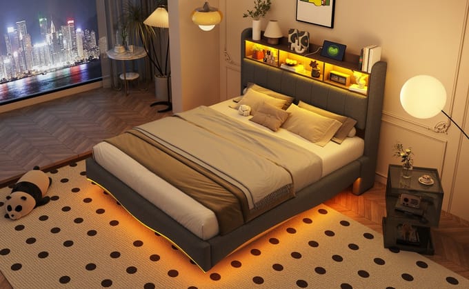 Hangend design gestoffeerd bed 140*200 van linnenstof - multifunctioneel opbergbed met ledverlichting - USB- en TYPE-C-interface Grijs