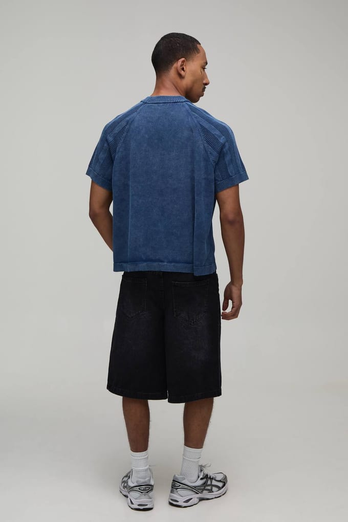 Boxy Fit Acid Wash Geribbeld Gebreid T-shirt | Blue | Size Medium