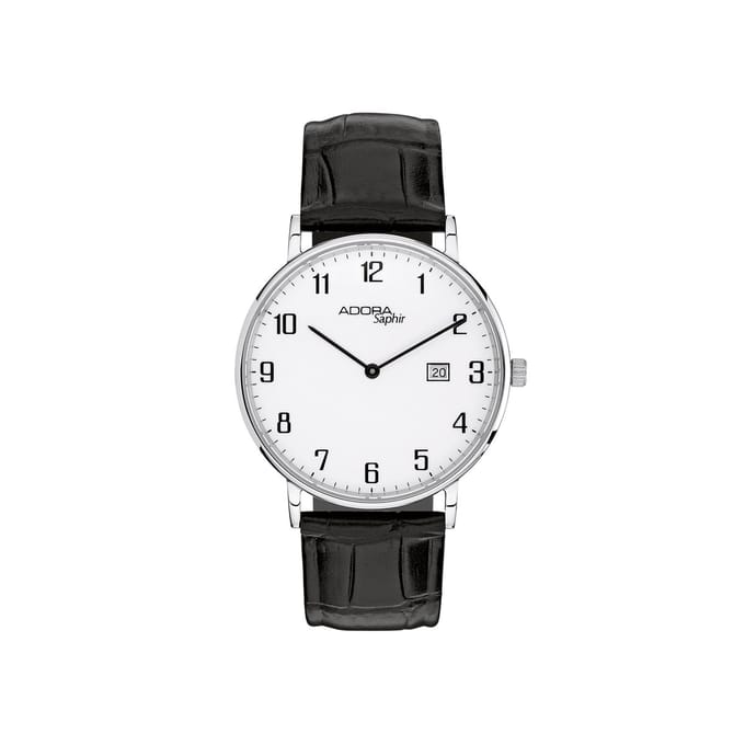 Adora Saphir Herenhorloge AS4774 – Modern Design – Saffierglas – Zwart Lederen Band – Datumweergave