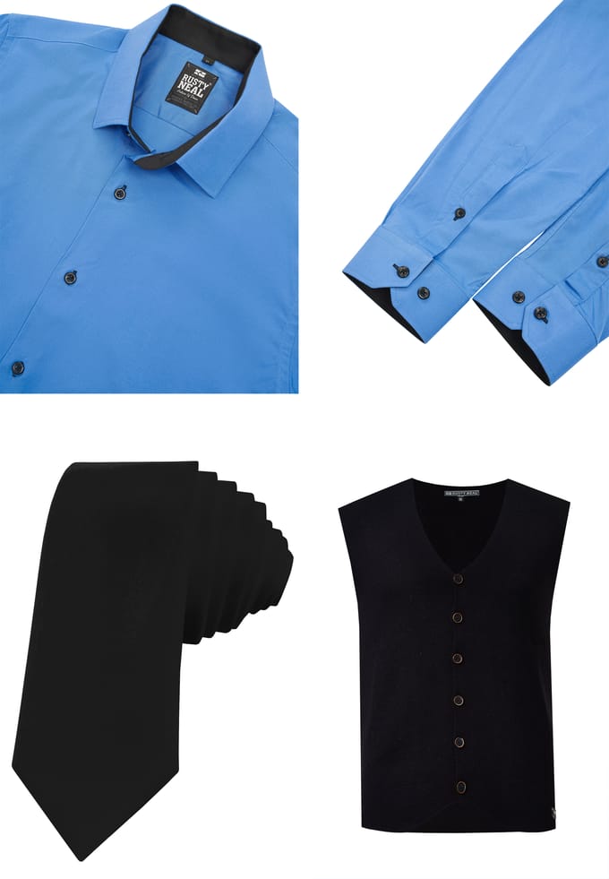 Driedelig pak met overhemd, vest en stropdas