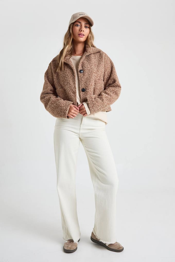 boohoo Dames Wool Look-jasje met kraag, knoopsluiting en zakdetails | Camel | Maat: 42