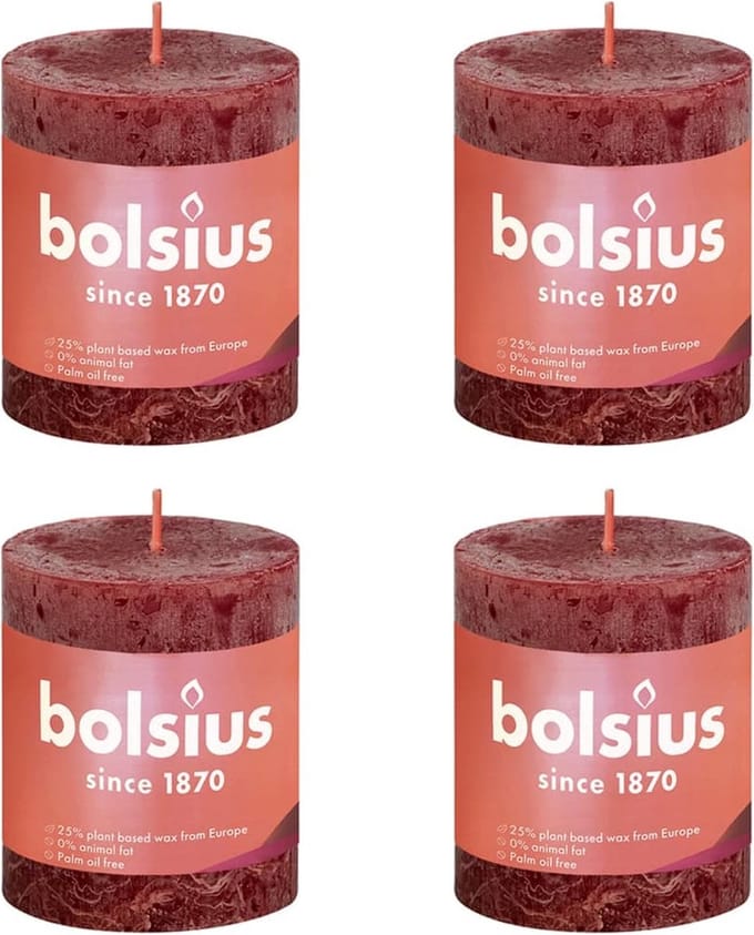 Bolsius Stompkaarsen Shine 4 st rustiek 80x68 mm fluweelrood