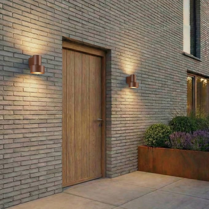 Lucande LED buiten wandlamp Elune, bruin, IP44, omhoog/omlaag