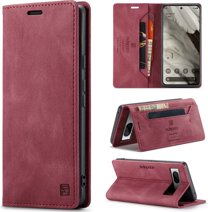 Luxe Flip Case met RFID Bescherming Kaarthouder en Magneetsluiting voor Google Pixel 8 _ Rood