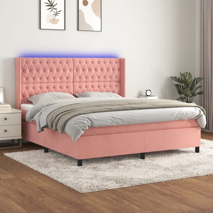 vidaXL - Boxspring - met - matras - en - LED - fluweel - roze - 180x200 - cm