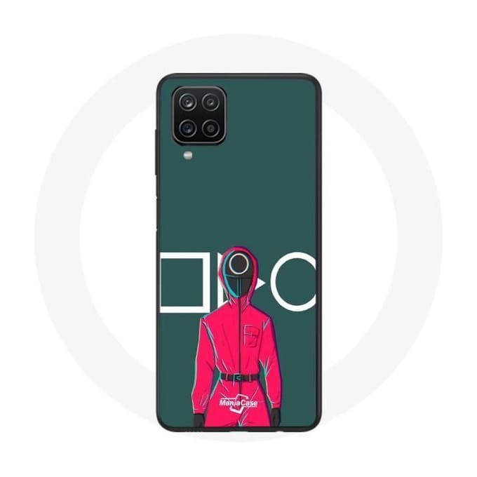 Samsung Galaxy A12 Hoesje Inktvis Spel Rode Soldaat met Cirkelmasker Groene Achtergrond