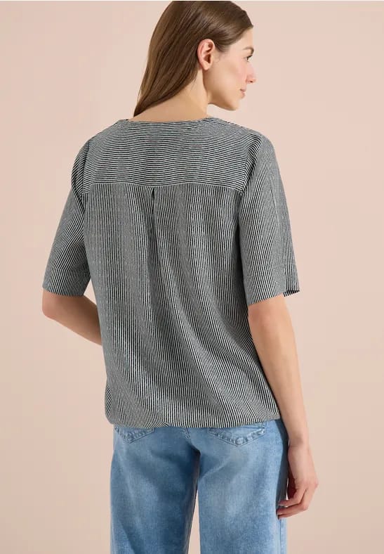 Blouse met korte mouwen, gespleten hals en strepen