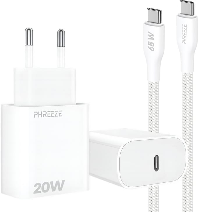 Phreeze usb C snellader 20w met usb C naar usb C kabel 1 meter - Gevlochten Wit