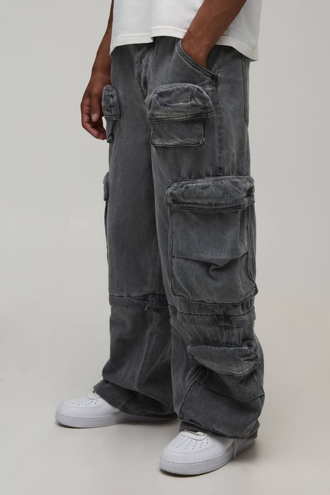 Acid Wash Afritsjeans Met Multi-cargo Zakken En Baggy Fit | Grey | Size 36R