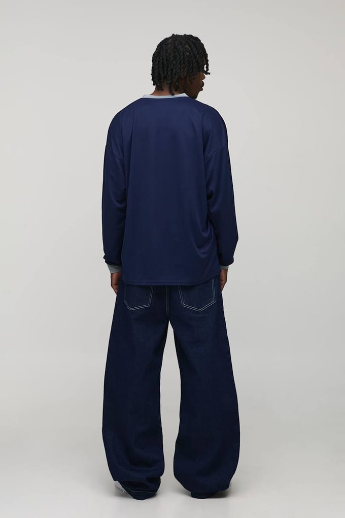 Tall Oversized WRLDWD Print Long-sleeved Sports T-Shirt | Navy | Size Medium