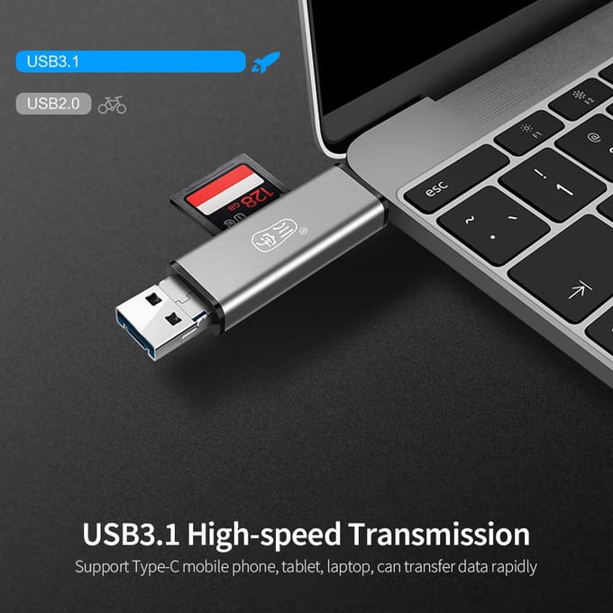 C350D USB3.1 Multifunctionele kaartlezer Type-C + USB + Micro USB-poorten SD/TF Dual-slot voor telefoon grijs