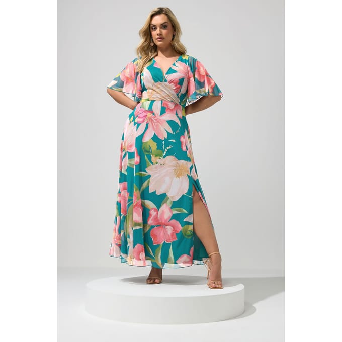 Yours Blauwgroene Maxiwikkeljurk Met Bloemenprint Size 48