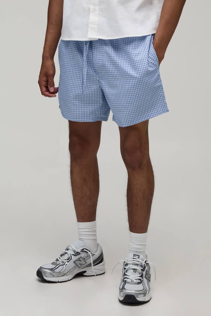 Ontspannen Halflange Micro Ruit Short | Blue | Size Large