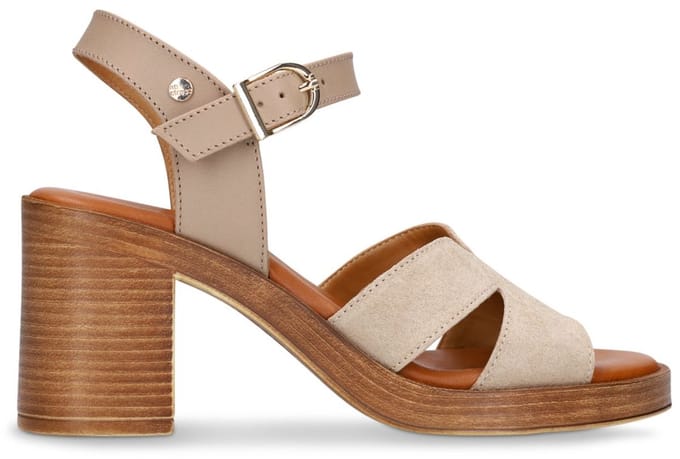 No Stress - Dames - Beige suède sandalen met blokhak - Maat 41