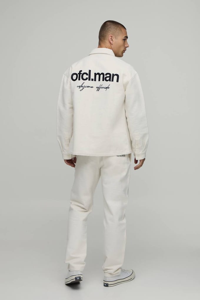 Textured Twill Regular Zip Up Overshirt & Straight Trouser Set | Ecru | Size Medium