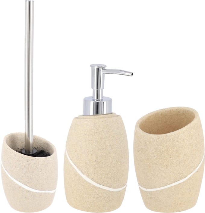 Badkamer set - WC-borstel/zeeppomp/tandenborstelbeker - creme - steen look - polyresin