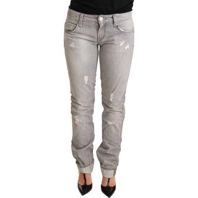 Acht Grijze Versleten Katoenen Slim Fit Jeans