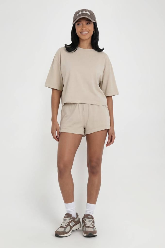 boohoo Dames Gewassen Cropped Boxy T-shirt En Sweat Short Set | Steen | Maat: Medium