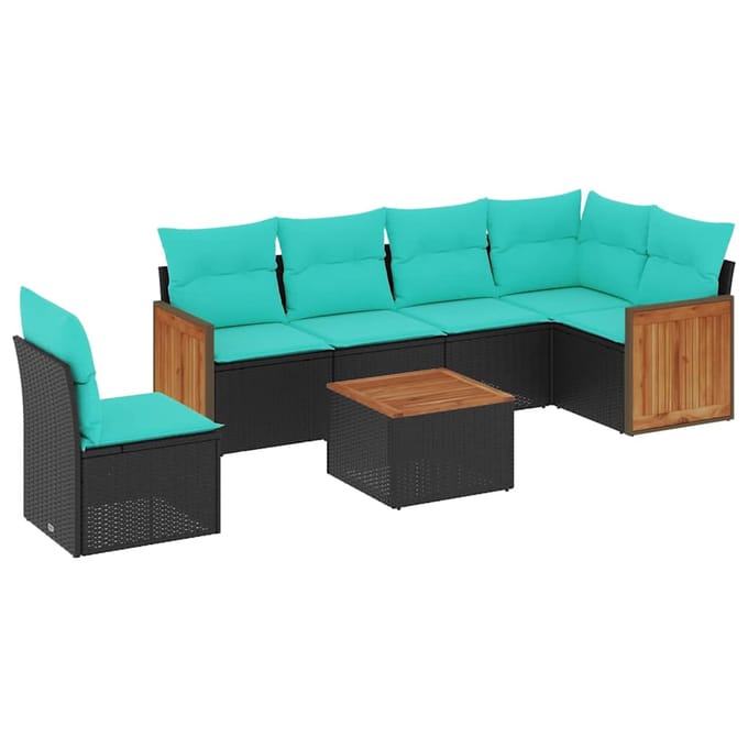 vidaXL - 7-delige - tuinbankset - met - kussens - van - zwart - polyrotan