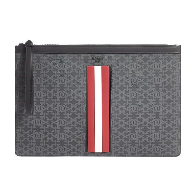Bally Bollis 35 Pochette Classique à Fermeture Éclair Monogramme avec Décoration Rayée Pochette Homme Noir 6300740 Basic Set (Bag+Dust Bag)