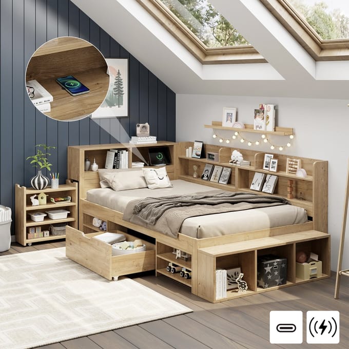 MODFU Kinderbed 90x200 cm – Natuurlijk multiplex – Met verborgen kast, lade & extra kasten – Incl. lattenbodem