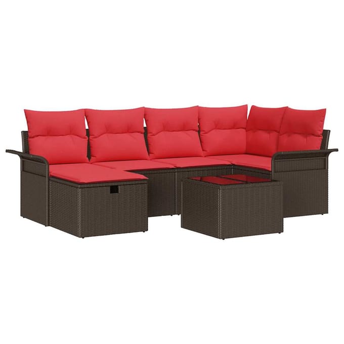 vidaXL - Tuinbank - Set - 7 - st - Bruin - en - Rood - poly - rattan