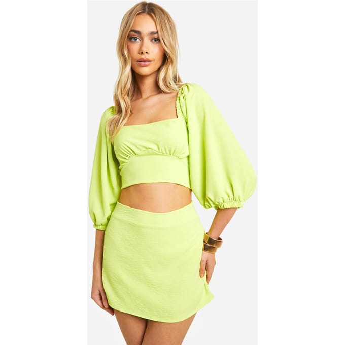 boohoo Dames Gehamerde Tie Back Crop & Mini-rok | Lime | Maat: 6