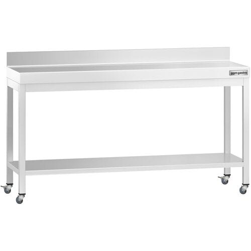 GGM Gastro Edelstahl Arbeitstisch PREMIUM - 2000x800mm - mit Grundboden, Aufkantung & Rollen