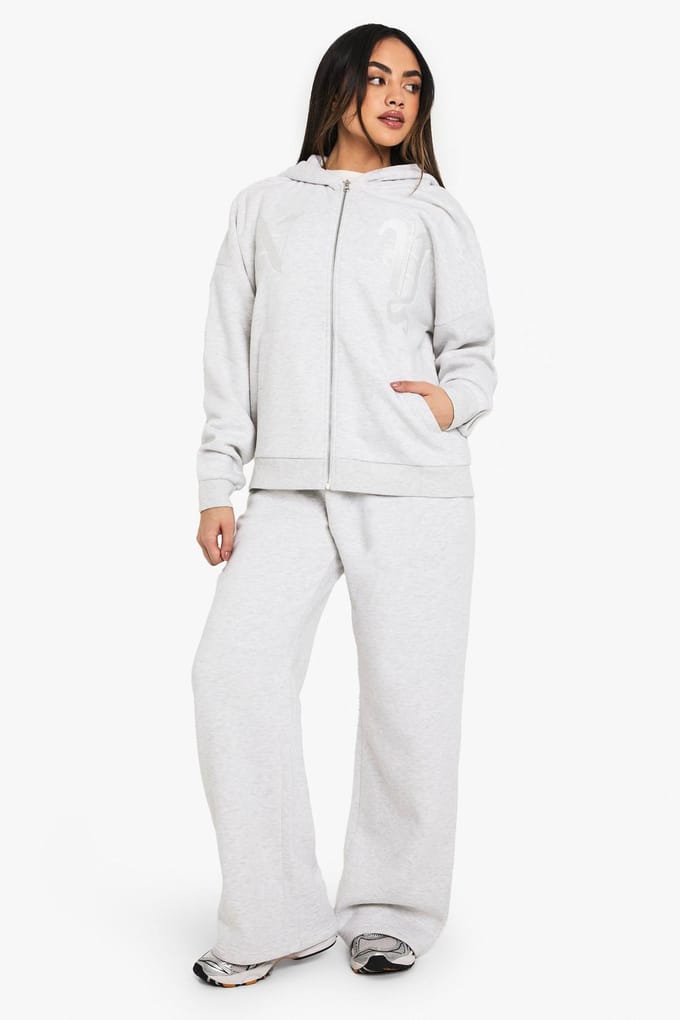boohoo Dames NY Geborduurde Jogger met Wijde Pijpen | Grey | Maat: Large