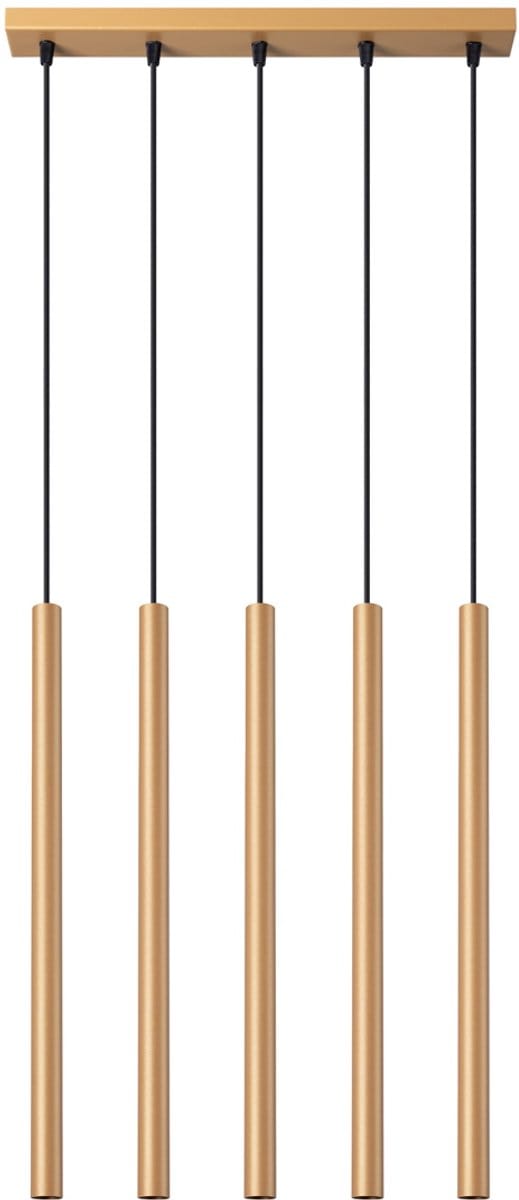 Hanglamp PASTELO 5L met 5 slanke buizen in lijn - Sollux Lighting - IP20 - Goud staal behuizing - 45 x 5 x 110 cm - 5 x G9 LED, exclusief lichtbron - 5 x 8 W - Moderne hanglamp voor woonkamer, slaapkamer en eetkamer