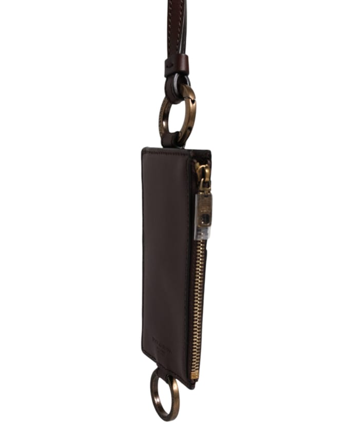 Bruine Kalfslederen Lanyard Logo Kaart Houder Portemonnee