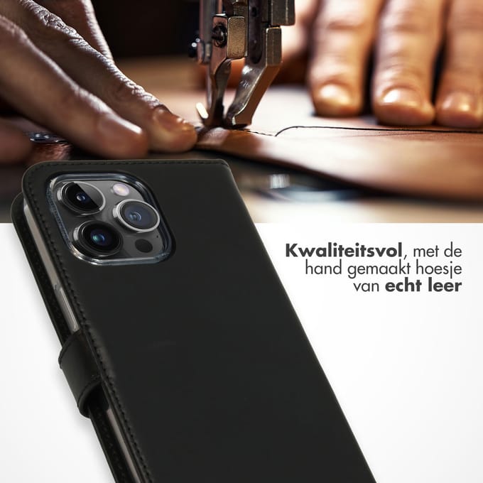 Selencia Hoesje - Geschikt voor Apple iPhone 15 Pro Max - Echt Lederen Bookcase - Zwart