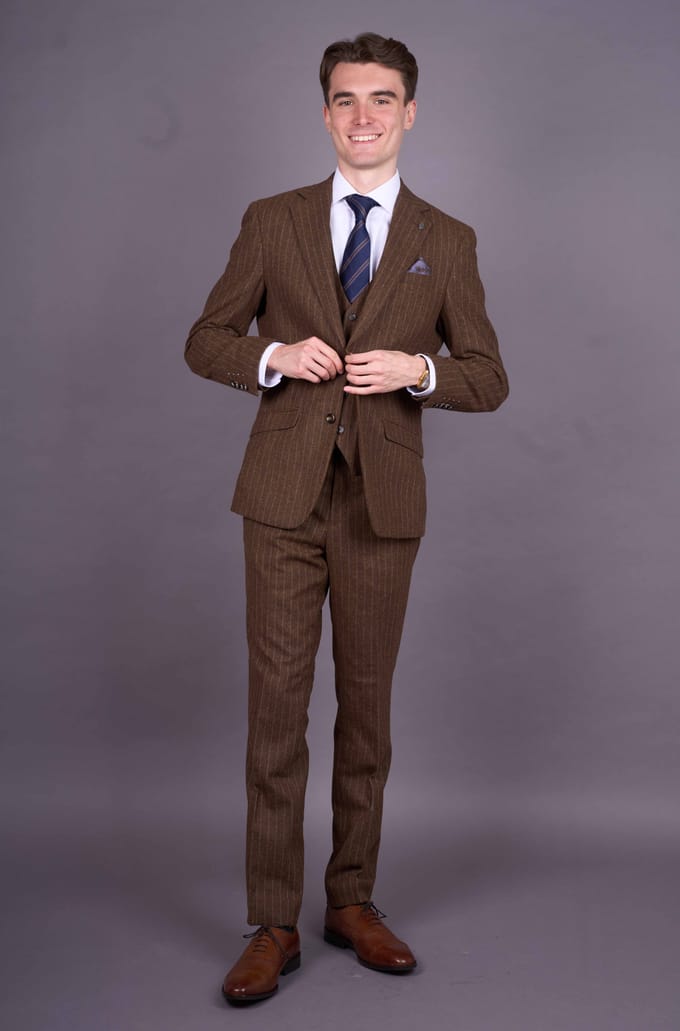 Bruin krijtstreep 3-delig slim fit formeel dinerpak voor heren