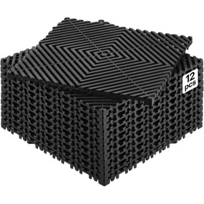 VEVOR Interlocking Drainage Mat 31 x 31 cm Modulaire Interlocking Matten, 12 stuks Interlocking Drainage Matten, Antislip Zwarte Vloertegels & Douchemat, voor Garage Tuin