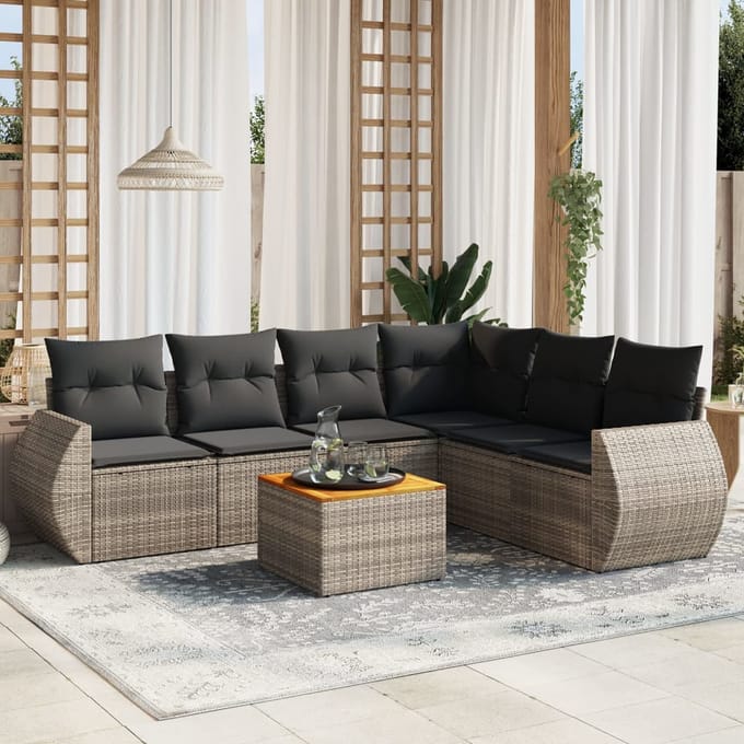 vidaXL - 7-delige - Loungeset - met - kussens - poly - rattan - grijs