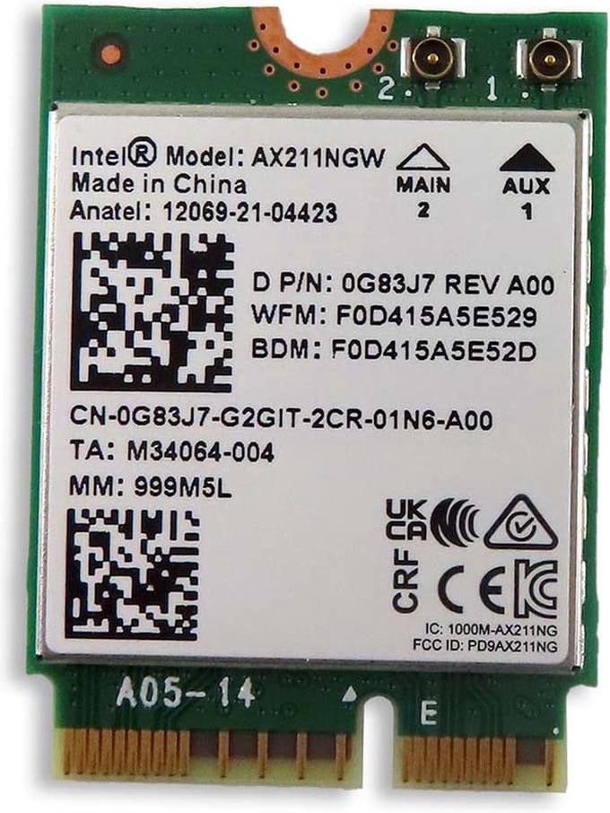 Intel AX211 Wireless Tri Band WLAN WiFi 802.11ax Bluetooth 5.2 M.2 Card - G83J7