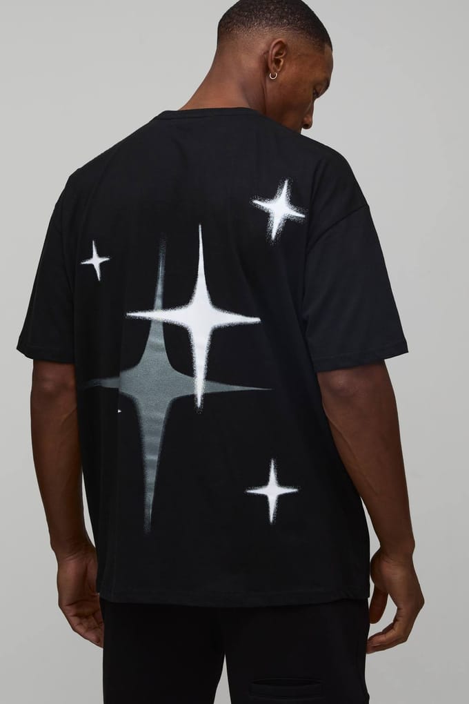 Oversized Man Star Spray Printed T-Shirt | Black | Size XS