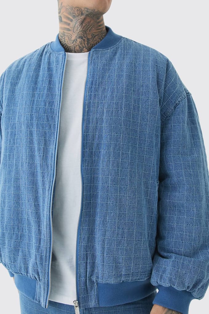 Tall Ripstop Oversized Padded Bomber Jacket | Mid Wash | Size Medium