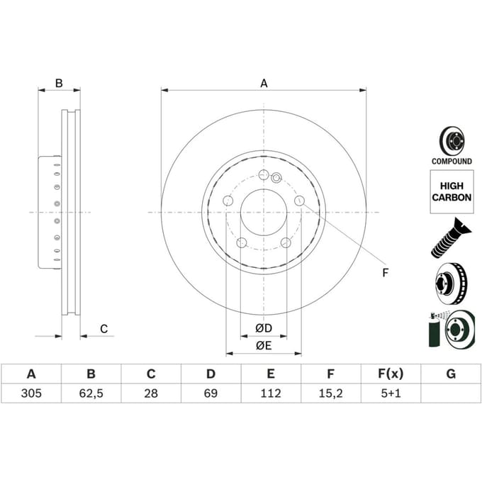 Remschijf BOSCH 0 986 479 H46 voorkant, geventileerd, sterk gecarboniseerd, 1 Stuk