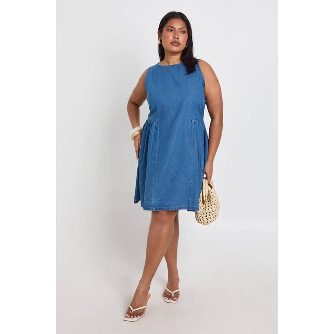 boohoo Dames Plus Chambray Mini Skater Jurk | Medium Gebleekt | Maat: 44