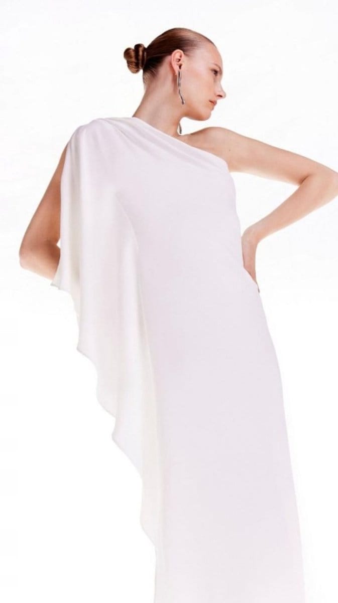 Karen Millen - Ecru Midi Jurk - Eén Schouder - Met Ruches
